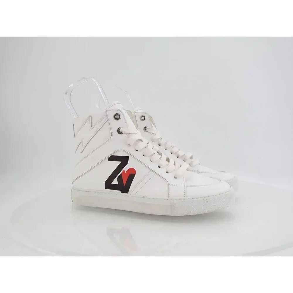 Zadig & Voltaire Logo High Top Zip Sneakers Flash White Womens Size 11 Leather